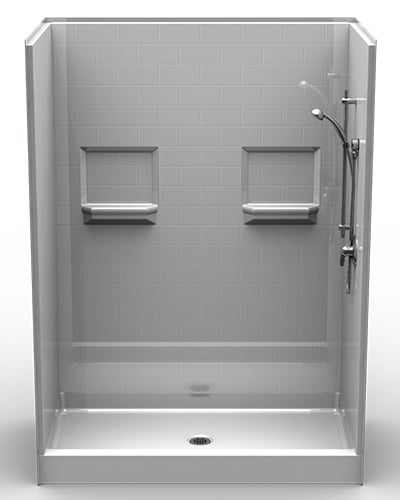 5LBS6036: Five Piece 60” x 36” Curbed Shower, 5.75” Threshold, Center Drain, “Subway Tile”