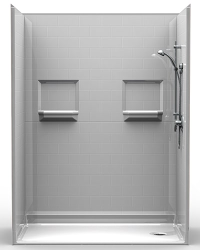 5LBS6036E1B: Five Piece 60” x 36” Roll-in Shower, 1” Threshold, End Drain, “Subway Tile”