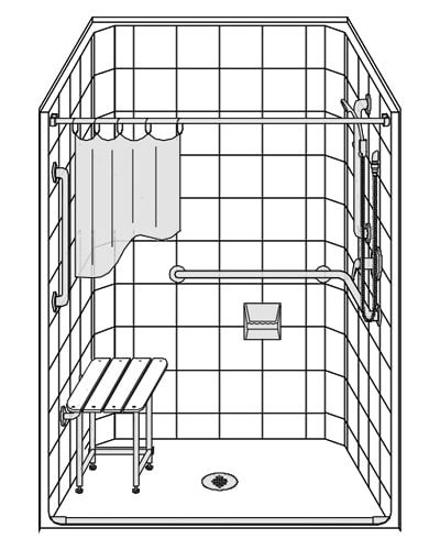 LSS3838B5B: One-Piece 38” x 38” Roll-in Shower, .5” Threshold, Center Drain  - ORCA HealthCare Supplies