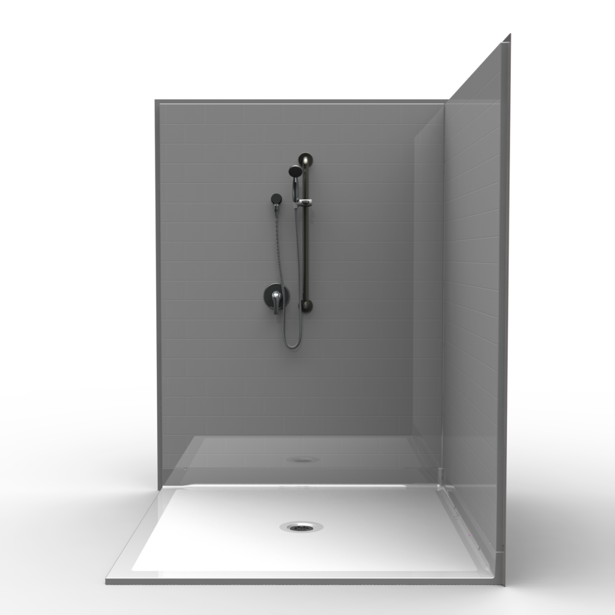 3LBSC6060FB1B, Three Piece 60” x 60” Corner Roll in Shower, 1” Threshold, Centre Drain, Flat back wall