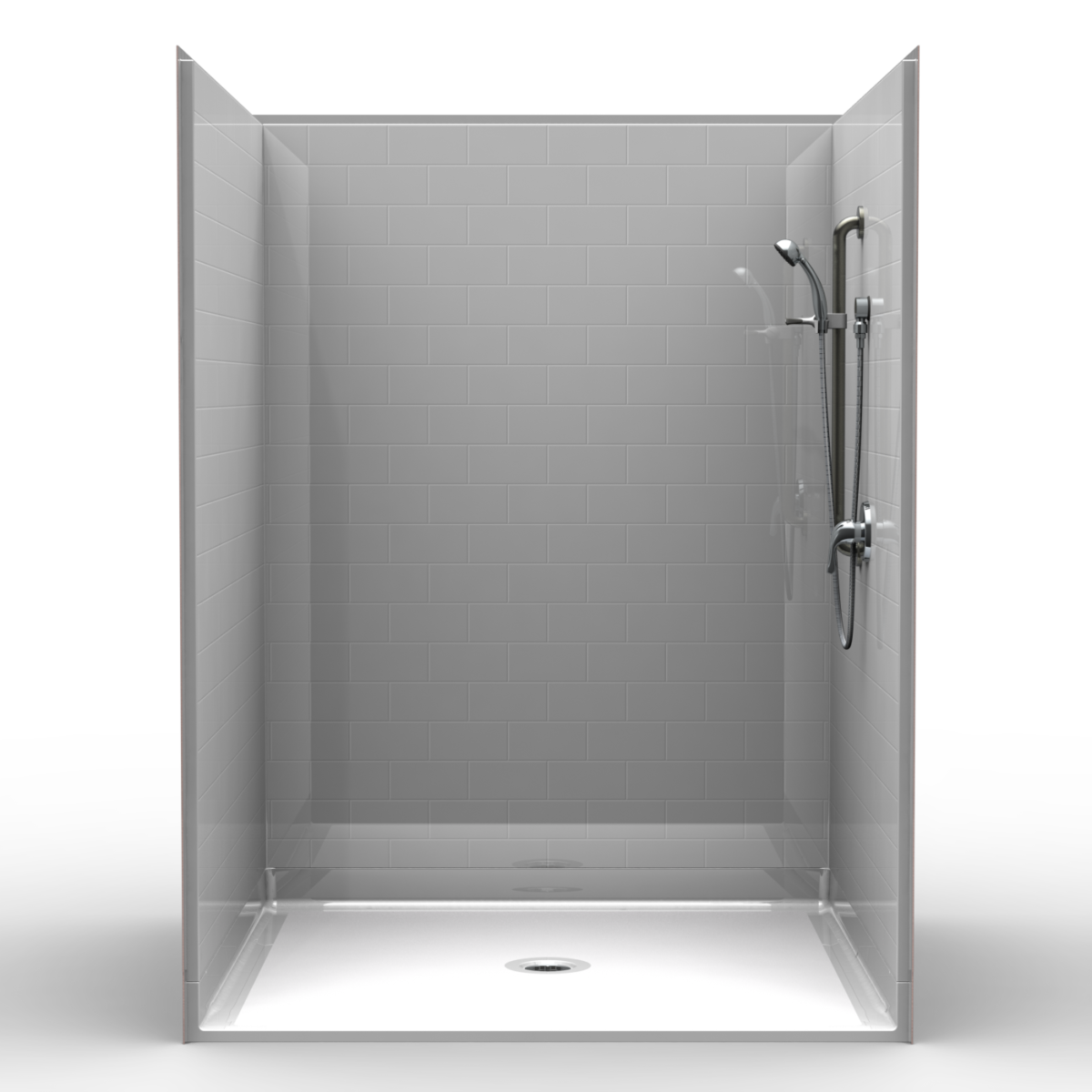 4LBS6060FB1B, Four Piece 60” x 60” Roll in Shower, 1” Threshold, Centre Drain