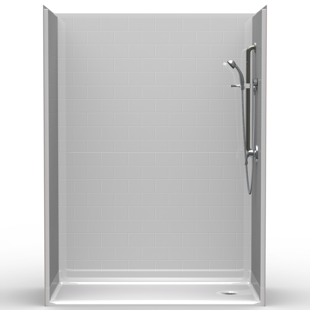 5LBS6030FBE75B, Five Piece 60” x 30” Roll in Shower, .75” Threshold, End Drain, “Subway Tile”