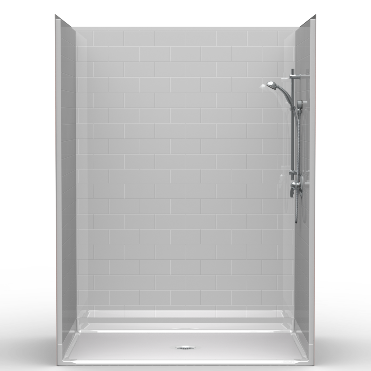 5LBS6042FB1B.V2, Five Piece 60” x 42” Roll-in Shower, 1” Threshold, Centre Drain, “Subway Tile”